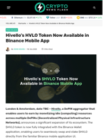 Hivello’s HVLO Token Now Available in Binance Mobile App - Crypto News Flash
