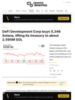 DeFi Development Corp buys 5,346 Solana, lifting its treasury to about 2.595M SOL