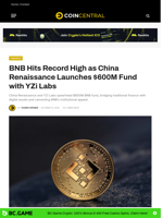 BNB Hits Record High as China Renaissance Launches $600M Fund with YZi Labs