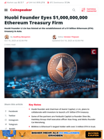 Huobi Founder Eyes $1,000,000,000 Ethereum Treasury Firm - Coinspeaker