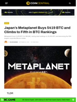 Metaplanet Buys 5419 BTC and Climbs to Fifth in BTC Rankings