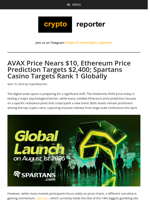 AVAX Price Nears $10, Ethereum Price Prediction Targets $2,400; Spartans Casino Targets Rank 1 Globally