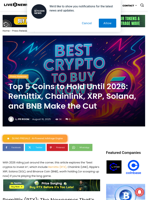 Top 5 Coins to Hold Until 2026: Remittix, Chainlink, XRP, Solana, and BNB Make the Cut | Live Bitcoin News