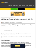 GMX Hacker Converts Stolen Loot into 11,700 ETH
