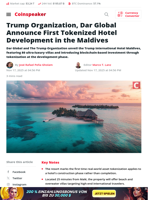 Trump Organization, Dar Global Announce First Tokenized Hotel Development in the Maldives - Coinspeaker