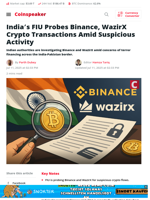 Suspicious Activity Triggers FIU Investigation Into Binance, WazirX