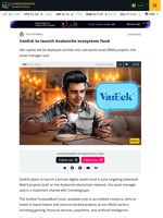 VanEck to launch Avalanche ecosystem fund
