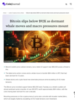 Bitcoin slips below $92K as dormant whale moves and macro pressures mount - CoinJournal