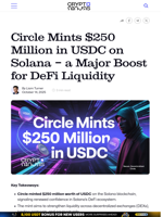Circle Mints $250 Million in USDC on Solana - a Major Boost for DeFi Liquidity