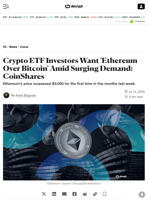 Crypto ETF Investors Want 'Ethereum Over Bitcoin' Amid Surging Demand: CoinShares - Decrypt
