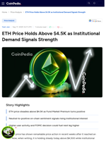 ETH Price Holds Above $4.5K as Institutional Demand Signals Strength