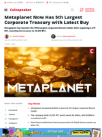 Metaplanet Now Has 5th Largest Corporate Treasury with Latest Buy - Coinspeaker