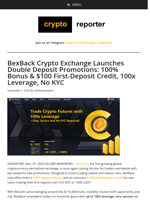 BexBack Crypto Exchange Launches Double Deposit Promotions: 100% Bonus & $100 First-Deposit Credit, 100x Leverage, No KYC