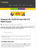 Metaplanet Hits 20,000 BTC Mark With $112 Million Purchase