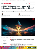 2,589 ETH Staked in 24 Hours, Will Ethereum Price Remain Above $4,000? - Coinspeaker