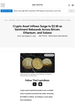 Crypto Asset Inflows Surge to $3.3B as Sentiment Rebounds Across Bitcoin, Ethereum, and Solana