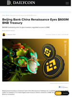 Beijing Bank China Renaissance Eyes $600M BNB Treasury - DailyCoin