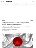 Metaplanet (3350) acquires 5,075 BTC, jumps to third largest BTC treasury company