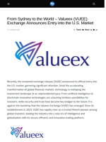 From Sydney to the World - Valueex (VUEE) Exchange Announces Entry into the U.S. Market - Visionary Financial