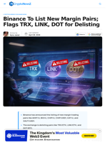 Binance Adds New Margin Pairs; TRX, LINK, DOT To Be Delisted