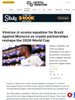 Vinicius Jr scores equalizer for Brazil against Morocco as crypto partnerships reshape the 2026 World Cup