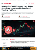 Avalanche (AVAX) Surges Past $15 as Securitize Launches EU-Regulated Trading Platform - Coinspeaker