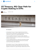 US Treasury, IRS Clear Path for Crypto Staking in ETPs