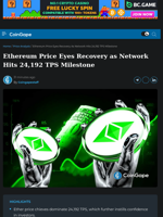 Ethereum Price Eyes Recovery as Network Hits 24,192 TPS Milestone