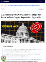 U.S. Treasury’s GENIUS Act Sets Stage for Privacy-First Crypto Regulation, Says a16z