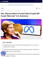 Sen. Warren Warns Trump’s New Crypto Bill Could “Blow Up” U.S. Economy