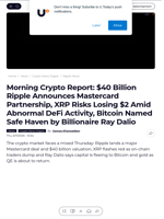 Morning Crypto Report: $40 Billion Ripple Announces Mastercard Partnership, XRP Risks Losing $2 Amid Abnormal DeFi Activity, Bitcoin Named Safe Haven by Billionaire Ray Dalio - U.Today