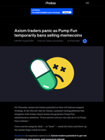 Axiom traders panic as Pump Fun temporarily bans selling memecoins