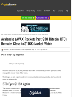 Avalanche (AVAX) Rockets Past $30, Bitcoin (BTC) Remains Close to $116K: Market Watch