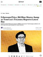 Ethereum Price, BitMine Shares Jump as Tom Lee's Treasury Reports Latest Buy - Decrypt