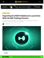 Hyperliquid USDH Stablecoin Launches With $8.8M Trading Volume - CoinCentral