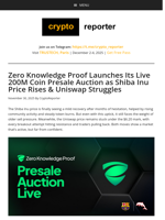 Zero Knowledge Proof Launches Its Live 200M Coin Presale Auction as Shiba Inu Price Rises & Uniswap Struggles