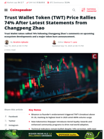 Trust Wallet Token (TWT) Price Rallies 74% After Latest Statements from Changpeng Zhao - Coinspeaker