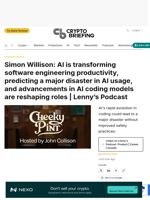 Simon Willison: AI is transforming software engineering productivity, predicting a major disaster in AI usage, and advancements in AI coding models are reshaping roles | Lenny's Podcast