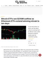 Bitcoin ETFs see $210M outflow as Ethereum ETFs extend winning streak to ten days