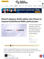 EtherFi deploys $100 million into Plume to expand institutional RWA yield access