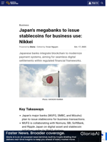 Japan's megabanks to issue stablecoins for business use: Nikkei