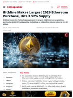 BitMine Makes Largest 2026 Ethereum Purchase, Hits 3.52% Supply - Coinspeaker