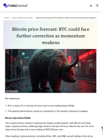 Bitcoin price forecast: BTC could face further correction as momentum weakens