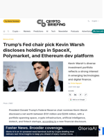 Trump's Fed chair pick Kevin Warsh discloses holdings in SpaceX, Polymarket, and Ethereum dev platform