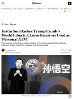 Justin Sun Bashes Trump Family's World Liberty, Claims Investors Used as 'Personal ATM' - Decrypt