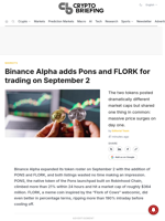 Binance Alpha adds Pons and FLORK for trading on September 2