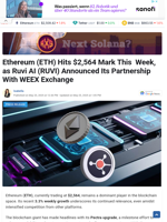 Ethereum (ETH) Hits $2,564 Mark This  Week, as Ruvi AI
(RUVI) Announced Its Partnership With WEEX Exchange