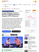Judge Refuses to Erase Gemini’s $5M Settlement Despite CFTC Reversal