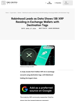 Robinhood Leads as Data Shows 13B XRP Residing in Exchange Wallets with Destination Tags