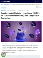 Crypto Market Update: Hyperliquid (HYPE), ASTER and Monero (XMR) Rise Despite BTC Correction
